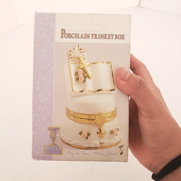 Classic Treasure Musical Christian Design Porcelain Trinket Box Bible Cross - Picture 1 of 11